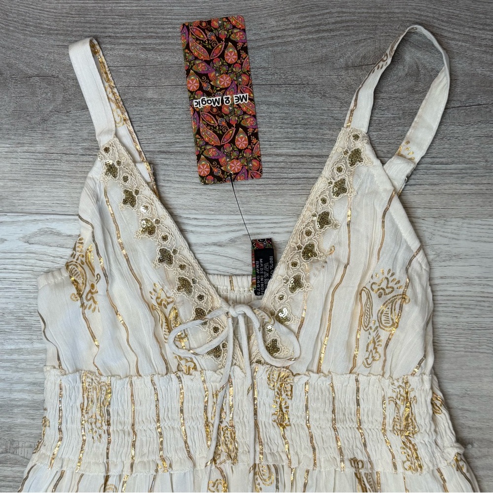 Anthropologie Me 2 Magic Cream and Gold Bohemian Dress Womens Size L NWT - Picture 3 of 12